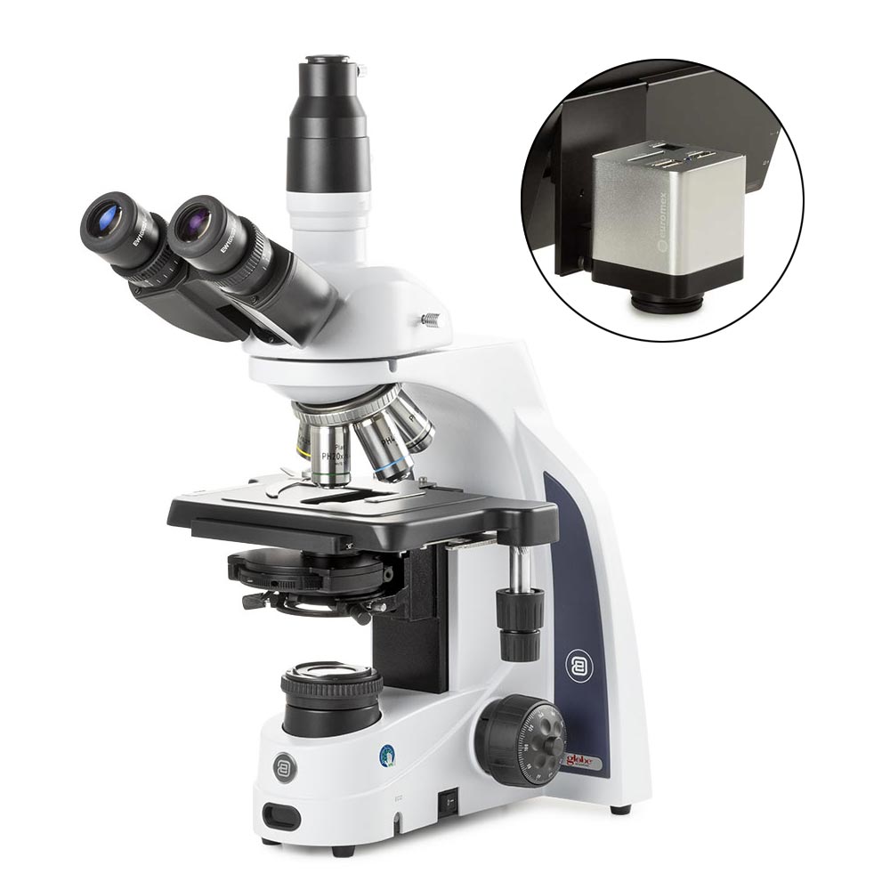 Globe Scientific iScope trinocular microscope with EWF 10x/22mm eyepieces, Plan phase PLPHI 10/20/S40/S100x oil IOS objectives, Zernike phase contrast disc condenser with darkfield stop, rackless stage and Köhler 3W NeoLED™ illumination, with HD-Mini camera, color High definition 2MP high speed camera with 13 inch HD screen, 1280 x 1080p, stand-alone usage with standard 32GB SD card, HDMI output. With built-in mouse-driven capture software Microscope;Trinocular;rackless stage;EWF;PLPHi